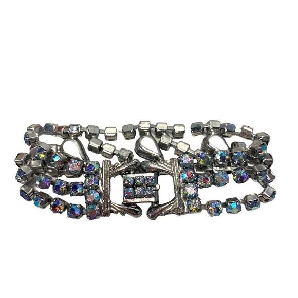 Vintage 50s Dazzling Blue Brilliant AB Prong Set Glass Rhinestones 4Row Bracelet - Picture 10 of 10